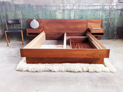 Solddanish Modern Mid Century Teak Queen Bed With Attached Storage Nightstands Underneath Storage Drawer - Etsy Australia Mid Century Modern Bed, Frame Storage, Modern Bed Frame, Cal King Bedding, Wooden Bed Design, King Bed Frame, Nightstand Storage, King Bedroom, Modern Mid Century