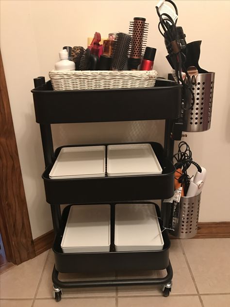 Fixed up my Raskog cart from IKEA. 2 metal holders at side for the hot hair tools and kuggis boxes (also from IKEA) for storage of other bath products. Makeup Storage Cart, Raskog Ikea, Raskog Cart, Hot Hair Tools, Closet Ikea, Ikea Raskog, Ikea Closet, Tool Cart, Ikea Hack Ideas