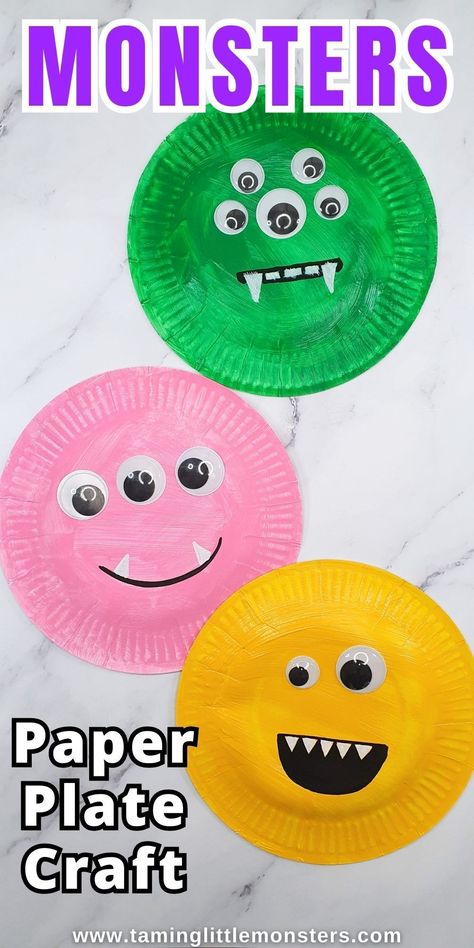 Monster Art Activities For Preschool, Paper Plate Monsters, Halloween Process Art For Toddlers, Monster Art Preschool, Paper Plate Halloween Crafts For Kids, Monster Activities For Toddlers, Monster Paper Plate Craft, Monster Crafts For Kids, Easy Art And Craft