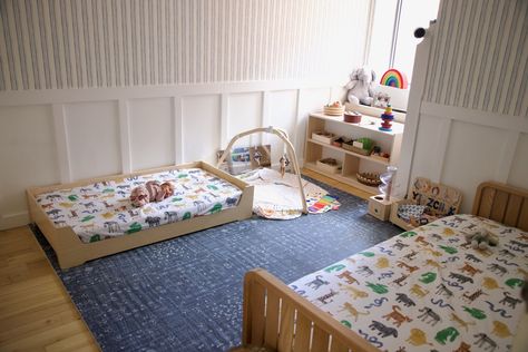 The Best Montessori Floor Beds for Infants and Toddlers — Home and on the Way Baby Floor Bed, Floor Beds, Birch Floors, Boys Room Blue, Montessori Floor Bed, Toddler Floor Bed, Montessori Bed, Big Kid Bed, Low Bed