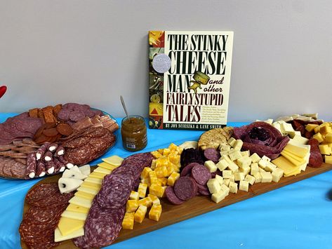 The Stinky Cheese Man Children's Storybook baby shower ideas charcuterie board Storybook Baby Shower Ideas, First Birthday Party Food, Baby Shower Charcuterie, Stinky Cheese Man, Baby Shower Ideas Decorations, Storybook Baby Shower, Book Theme, Charcuterie Inspiration, Birthday Party Food