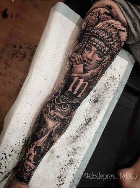 Black and Grey Girl with Headress and Owl Tattoo Sleeve by Dode Pras Tattoo Calf, Owl Tattoo Sleeve, Mangas Tattoo, Best Leg Tattoos, Full Leg Tattoos, Native Tattoos, Geniale Tattoos, Sleeve Ideas, Leg Tattoo Men