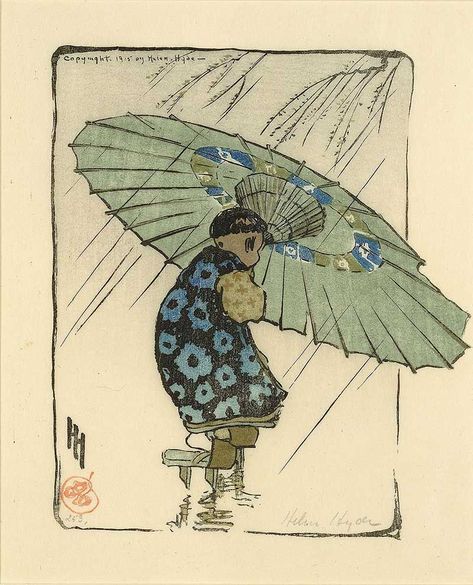 Helen Hyde, Japanese Woodcut, Blue Lantern, Umbrella Art, Japon Illustration, Woodcuts Prints, Art Japonais, Japanese Woodblock Printing, Sumi E