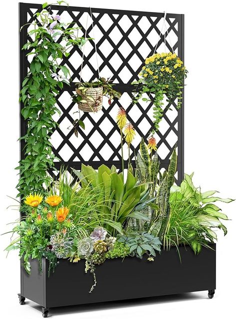 Amazon.com: FENCY Metal Planter Box with Diamond Lattice Trellis Planter Box for Climbing Plants/Vines, Galvanized Raised Garden Bed On Wheels, Garden Bed with Trellis(73"x47" Black) : Patio, Lawn & Garden Garden Bed With Trellis, Plants Vines, Planter Box With Trellis, Planter Trellis, Lattice Trellis, Metal Raised Garden Beds, Planter Beds, Metal Planter Boxes, Hanging Flower Baskets