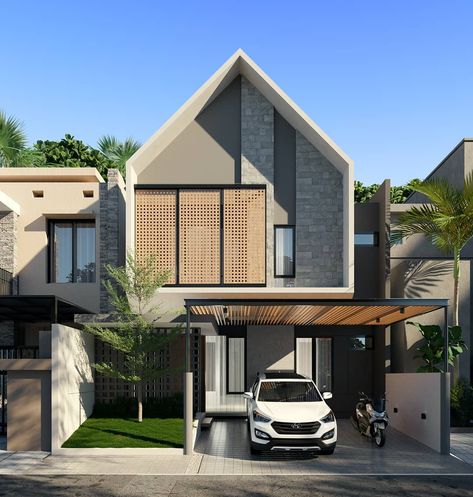 Small Modern House Exterior Minimalist, Tropical Facade, Muji House Design, Scandinavian House Exterior, Small Modern House Exterior, Kepulauan Riau, Scandinavian House, Muji Home, Car Porch