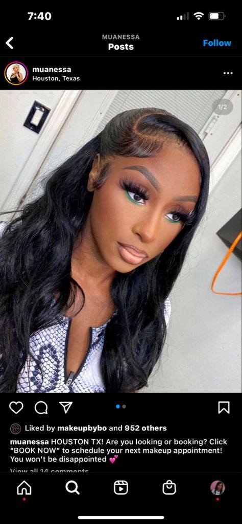 Natural Makeup For Prom Green Dress, Green Under Eye Makeup Black Women, Party Makeup Looks Black Women, Makeup Ideas For All Black Outfit, Natural Makeup With Green Under Eye, Green Makeup Ideas For Black Women, Makeup Green Under Eye, Natural Makeup With Green Eyeshadow, Glam Makeup Looks Green