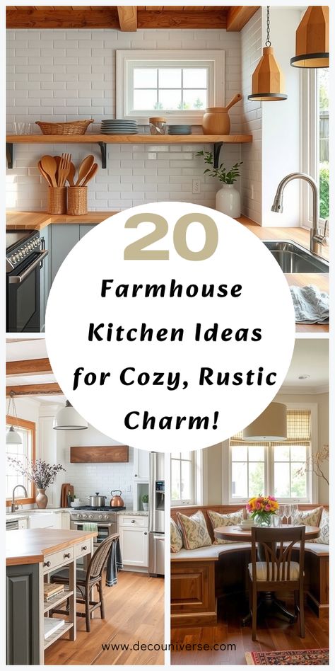 Discover 20 farmhouse kitchen inspirations that add warmth, charm, and functionality to your home. Small Country Kitchens, Farmhouse Kitchen Countertops, Farm Style Kitchen, Log Home Kitchens, Small Farmhouse Kitchen, Farmhouse Kitchen Inspiration, Farmhouse Kitchen Backsplash, Farmhouse Kitchen Lighting, Barn Kitchen