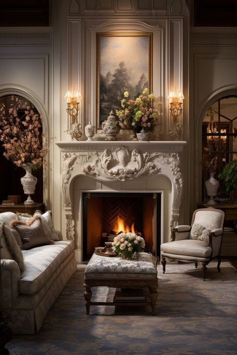 European Maximalist Decor, Modern Roman Interior Design, Barocco Aesthetic, Victorian Fireplace Ideas, Maximalist Decor Living Room, Fancy Fireplace, Living Room Maximalist, Victorian Bathroom Accessories, Chateau Interior