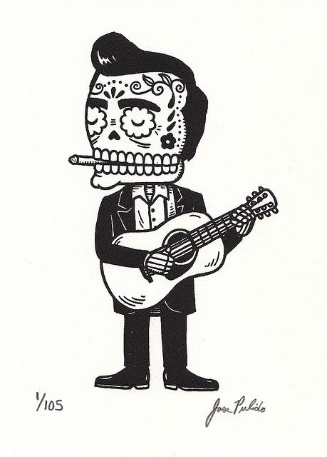 Johnny Cash Calavera Gocco Print by misnopalesart, via Flickr Johnny Cash Tattoo, Mexican Tattoo, Johnny And June, Mexican Skulls, Sleeves Ideas, Arte Inspo, School Tattoo, Mexican Culture, Flash Art