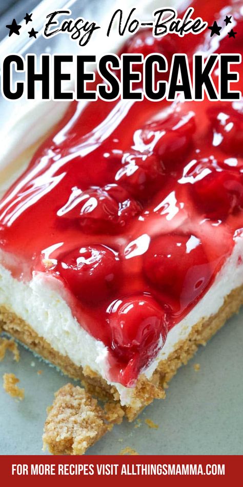 no bake cheescake on a plate Cherry Bread Recipe, Dream Pie, Pie Topping, Strawberry Pretzel Dessert, Cherry Cheesecake Recipe, No Bake Cherry Cheesecake, Cherry Bread, Cheesecake Dessert, Homemade Cheesecake