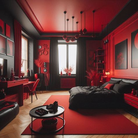 Black And Red Bedroom Decor Ideas, Black And Red Bedroom Aesthetic, Black And Red Bedroom Decor, Black And Red Room, Red And Black Bedroom Ideas, Red And Black Room, Red And Black Bedroom, Bedroom References, Black And Red Bedroom