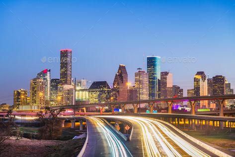 Houston, Texas, USA downtown city skyline and highway by SeanPavonePhoto. Houston, Texas, USA downtown city skyline and highway at dusk. #Affiliate #USA, #downtown, #Houston, #Texas Houston Texas Skyline, Houston City, Usa Cities, Downtown Houston, Texas Usa, Wall Art Pictures, Houston Texas, Travel Insurance, City Skyline