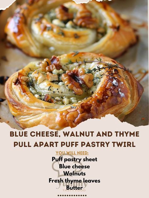 🧀🥐 Try the delicious Blue Cheese, Walnut and Thyme Pull Apart Puff Pastry Twirl for a savory and satisfying appetizer! 🫕🧀 #BlueCheeseTwirl Blue Cheese, Walnut and Thyme Pull Apart Puff Pastry Twirl Ingredients: Puff pastry sheet (1) Blue cheese (1 cup, crumbled) Walnuts (1/2 cup, chopped) Fresh thyme leaves (2 tbsp) Butter (2 tbsp, melted) Garlic powder (1/2 tsp) Salt (1/4 tsp) Instructions: Preheat oven to 375°F and line a baking sheet with parchment paper. Roll out puff pastry sheet and... Pull Apart Puff Pastry, Wine Appetizers, Puff Pastry Appetizers, Cheese Puff Pastry, Puff Pastry Sheets, Savory Appetizer, Bread Roll, Homemade Butter, Pastry Sheets