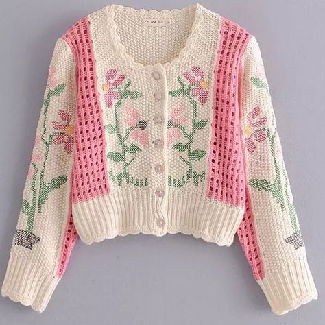 Boho Knitted Cardigan, Short Sleeve Sweater Cardigan, Cardigans Women, Knitted Cardigans, Cottagecore Outfits, Knitting Women Cardigan, Floral Cardigan, Retro Mode, Autumn Casual