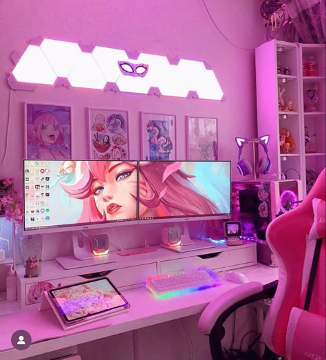 Pink Gaming Setup, Streaming Room, Gaming Home Office, Pretty Desks, Best Gaming Setup, Computer Gaming Room, Pink Games, Gamer Setup, Gamer Room Decor