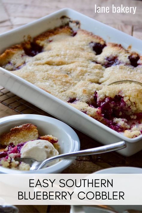 Easy Southern Blueberry Cobbler - Lane Bakery Small Batch Blueberry Cobbler, Blueberry Lemon Cobbler, Cobblers Recipes Easy, Blueberry Lasagna, Blueberries Recipes, Huckleberry Recipes, Easy Blueberry Cobbler, Berry Cobbler Recipes, Blueberry Desserts Recipes