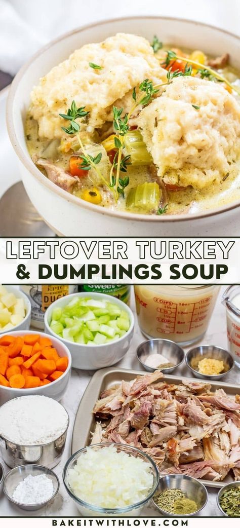 My turkey and dumplings combine chopped vegetables with leftover turkey meat in a creamy broth for a twist on the classic. This satisfying comfort food has all the traditional chicken and dumpling soup ingredients, including tender mixed veggies, rich, savory broth, and fluffy dumplings. I've even included instructions on making from-scratch broth to utilize every last bit of your leftover turkey carcass (frame) and all! BakeItWithLove.com #turkey #leftovers #recipe #dinner #soups #familymeals Dumplings Soup Recipe, Turkey Dumplings, Leftover Chicken Soup, Dinner Soups, Using Leftover Turkey, Turkey Soup From Carcass, Chicken And Dumpling Soup, Dumplings Soup, Turkey And Dumplings