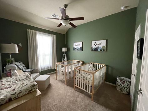 Woodland Nursery Twins, Green Twin Nursery, Twin Nursery Boys, Twin Boys Nursery Ideas, Woodland Nursery Color Scheme, Twin Boy Nursery Ideas, Nursery For Twins, Nursery Ideas Twins, Nursery Ideas For Twins