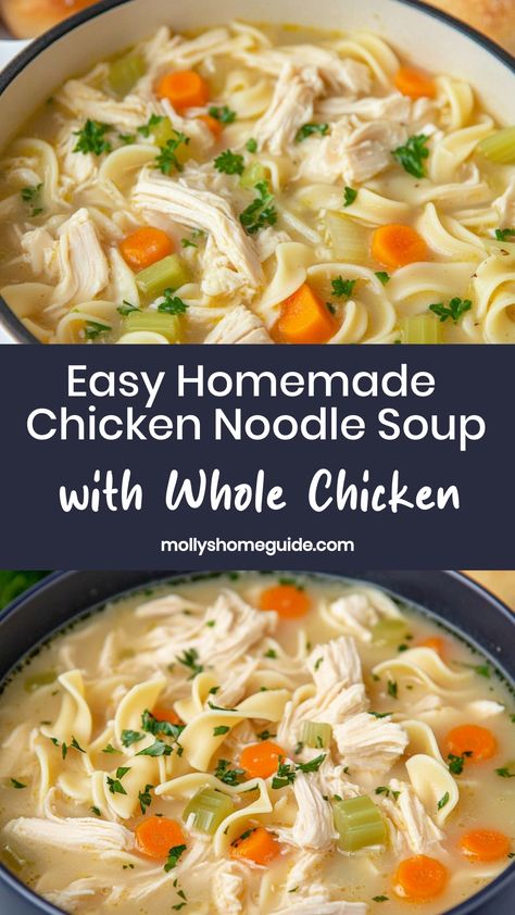 Indulge in the comforting flavors of homemade chicken noodle soup made with a whole chicken. This classic recipe is easy to prepare and perfect for warming up on chilly days. The rich broth, tender chicken, and hearty noodles come together beautifully in this wholesome dish. Treat yourself and your loved ones to a bowl of nourishing goodness with this homemade chicken noodle soup featuring a whole chicken - it's sure to become a family favorite! Chicken Noodle Soup With Homemade Stock, Chicken Soup With A Whole Chicken, Diy Chicken Soup Recipes, Chicken Noodle Soup Using Whole Chicken, Chicken Noodle Soup Without Egg Noodles, Chicken Soup Using Whole Chicken, Whole Chicken Chicken Soup, Homemade Chicken Noodle Soup With Whole Chicken, Chicken Noodle Soup From Whole Chicken