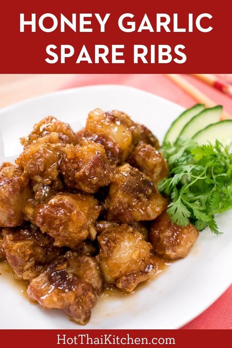 Tender crispy fried spare ribs tossed in a sticky honey garlic sauce. This recipe is the “gourmet” version of the classic Chinese takeout! #honeygarlicribs #chineserecipe #spareribs Fried Spare Ribs, Garlic Ribs Recipe, Garlic Ribs, Honey Garlic Ribs, Rib Sauce, Chicken Rice Recipes, Thai Kitchen, Mapo Tofu, Honey Garlic Sauce