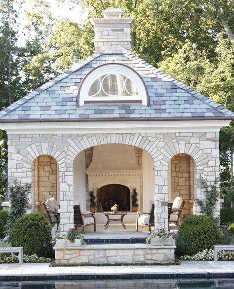 Ron Farris Architecture- Pool house with fireplace and rounded dormer Boxwood Hydrangea, Stone Pool House, Luxury Pool House, Poolside Cabana, Pool House Designs, Stone Pool, Pool Cabana, Building Stone, Backyard Inspiration