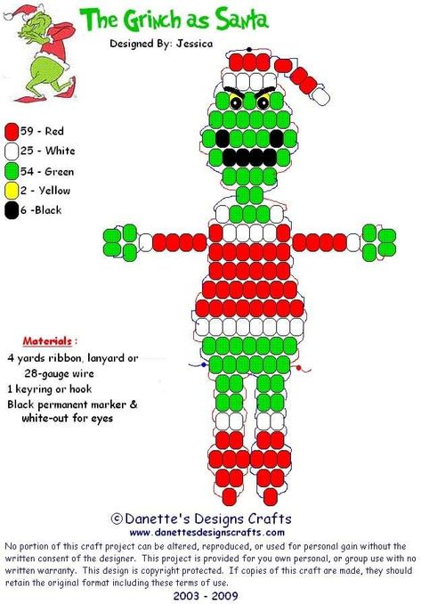 Pony Bead Christmas Crafts, Pony Bead Christmas Ornaments, Grinch Perler Bead Patterns, Bead Pets Pattern, Beaded Jewelry Tutorials Step By Step, Bead Pets, Pony Bead Animals, Pony Bead Projects, Diy Kandi Bracelets