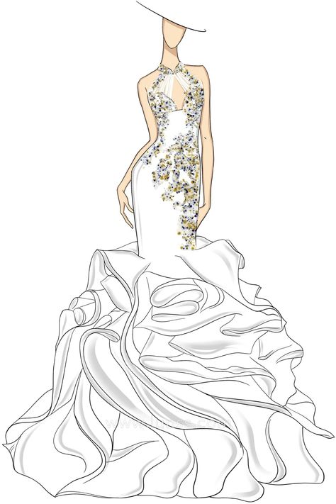 sketch of crystals beaded cascading ruffled bridal dress Fishtail Dress Drawing, Mermaid Bridal Dress, Textiles Ideas, Sketchbook Fashion, Ruffle Gown, White Mermaid, Fishtail Dress, Fashion Illustration Dresses, Dress Sketches