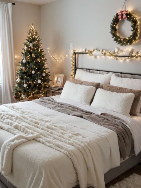 White Christmas Room Ideas, Bedroom With Christmas Tree, Winter Wonderland Bedroom Decor, Christmas Ideas Apartment, Christmas Bedroom White, Bedroom Chirstmas Decor, Decorated Room For Christmas, Room Decor Bedroom Christmas, Winter Wonderland Room Ideas