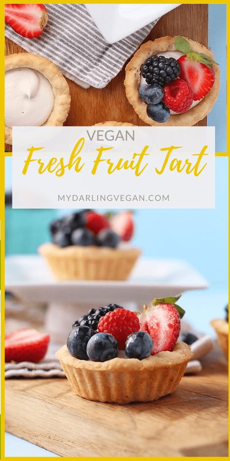 Vegan Finger Desserts, Vegan Mini Fruit Tarts, Fruit Tart Vegan, Spring Desserts Vegan, Vegan Fruit Dessert Recipes, Vegan Mini Desserts For Parties, Vegan Fruity Desserts, Vegan Tea Party Desserts, Vegan Fruit Tart Recipe