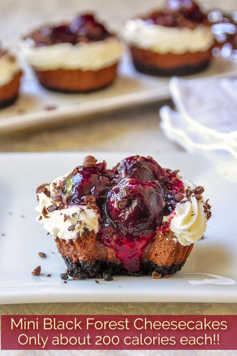 Mini Black Forest Cheesecakes. At only about 200 calories each, these little cupcake sized Black Forest Cheesecakes pack a maximum of cheesecake enjoyment with a minimum of guilt. Mini Black Forest Cheesecake, Special Deserts, Cheesecake Photos, Mini Mousse, Black Forest Cheesecake, Newfoundland Recipes, Dessert Charcuterie, Mousse Cups, Rock Recipes