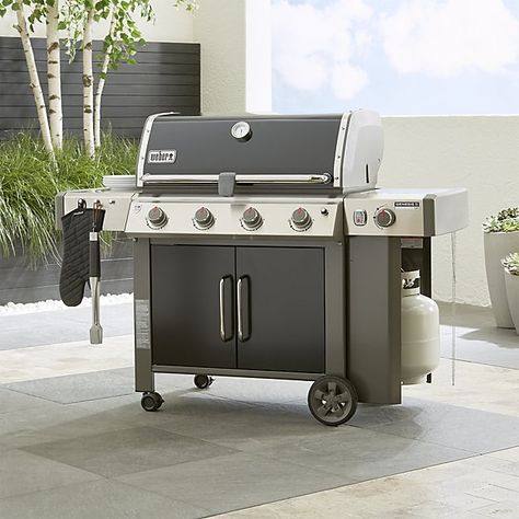 Weber ® Genesis II LX E-440 LP Black Gas Grill | Crate and Barrel Weber Outdoor Kitchen, Prefab Outdoor Kitchen, Weber Genesis, Weber Bbq, Natural Gas Grill, Propane Gas Grill, Weber Grill, Outdoor Grills, Basic Kitchen