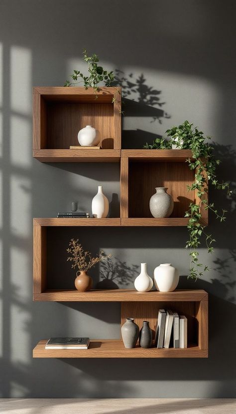 Modern wooden floating shelves with white ceramic vessels, plants, and decorative objects in a geometric pattern. Dramatic shadows emphasize the bold angles of the design. Unique Wall Shelves Modern Interiors, Mid Century Modern Shelves, Unique Wall Shelves, Diy Mid Century Modern, Diy Mid Century, Geometric Shelves, Wall Shelving Units, Wooden Floating Shelves, Ceramic Vessels