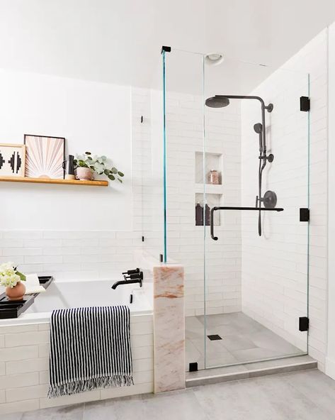 What Is an Exposed Shower System? Pros, Cons, & Installation | Apartment Therapy Exposed Shower System, Vintage Inspired Bathroom, Soul Design, Shower Fixtures, Unique Bathroom, Bathroom Trends, House Plant Care, Shower Design, Plumbing Fixtures