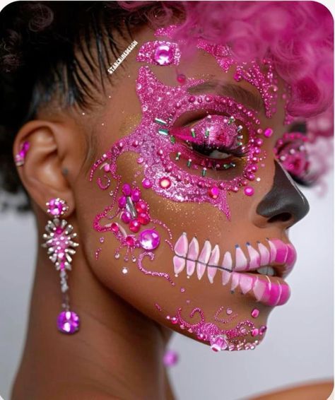 Pink Skeleton Makeup, Rhinestone Skull Makeup, Pink Skull Makeup, Skeleton Makeup Half Face, Pink Rhinestone Makeup, Pink Halloween Makeup, Pink Clown Makeup, Skull Makeup Look, Pink Clown