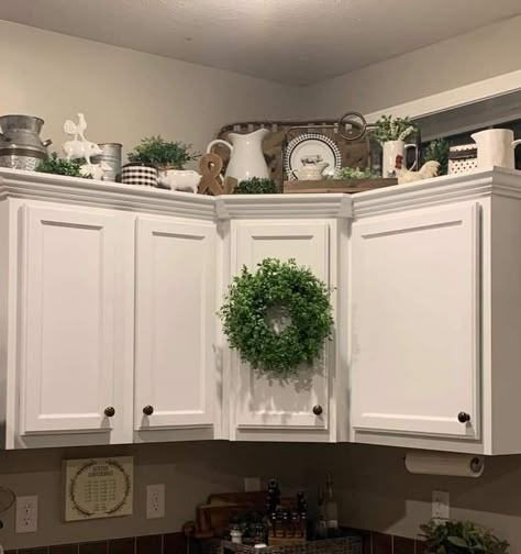 Kitchen Cabinet Ledge Decor, Top Of Fridge Decor Ideas Farmhouse, Top Shelf Kitchen Decor Above Cabinets, How To Decorate On Top Of Cabinets, Cow Kitchen Ideas, Top Of Kitchen Cabinet Decor Farmhouse, Decor Above Kitchen Cabinets Simple, Above Cupboard Decor Kitchen, Farmhouse Above Cabinet Decor