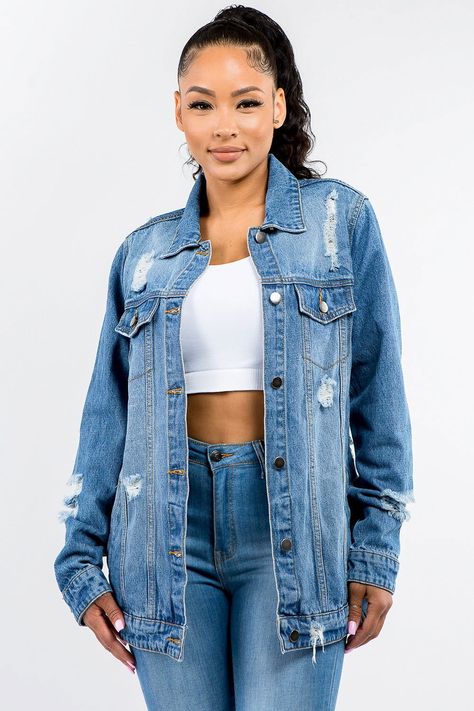 American Bazi Full Size Button Up Distressed Denim Jacket Cute Jackets For Women, Chic Fall Style, Fall Style Ideas, Comfy Fall Outfits, Chic Outerwear, Fitted Denim Jacket, Fall Outfits For Women, Peacoats, Fall Wardrobe Essentials