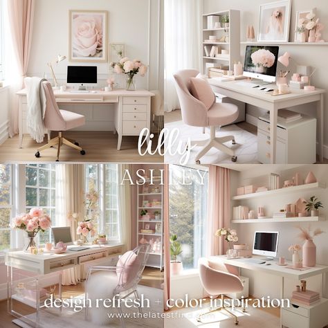 Lilly Ashley: Elevate Your Home Office: Combining Neutral Tones with Blush Pink Accents for a Serene and Productive Workspace Pink And Beige Office, Dusky Pink Office, Pink Office Aesthetic, Girlie Office, Blush Pink Office, White Gold Office, Blush Office, Feminine Office Space, Girly Home Office