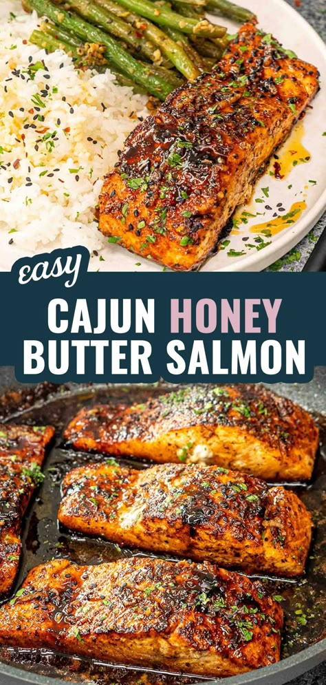 You’ll love this Cajun Honey Butter Salmon! Spicy, sweet, and ready in just 25 minutes. Perfect for a quick and delicious meal. #SalmonRecipe #EasyDinner Protein Dinner Recipes Easy, Easy Fish Meals For Dinner, Best Fish Dinner Recipes, Skin On Salmon Recipes Baked, Honey Pepper Salmon, Recipes For Dinner Fish, Cheap Salmon Recipes, Salmon And Bell Pepper Recipes, Sheet Pan Meals Salmon