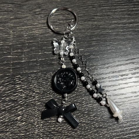 Handmade black and white keychain 
materials used:... - Depop Black Beaded Keychains For Gifts, Handmade Black Keychain, Handmade Adjustable Y2k Beaded Bracelets, Black Gothic Jewelry With Beaded Chain, Black And White Keychain, White Keychain, Coquette Y2k, Beads Keychain, Keychain Black