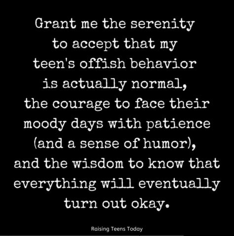 Grant me the serenity to accept that my teen's offish behavior is actually normal, the courage to face their moody days with patience (and a sense of humor), and the wisdom to know that everything will eventually turn out okay. Grant Me The Serenity, Children Quotes, My Children Quotes, Parenting Skills, The Wisdom, Sense Of Humor, Quotes For Kids, Sense, Parenting