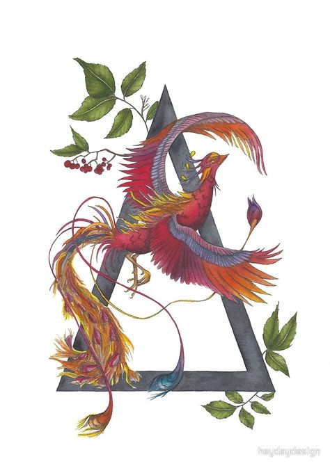 Hand painted watercolor and ink illustration inspired by mythology, alchemy, and fantastic beasts. A phoenix rising from the ashes with the alchemical symbol for the element of fire and a botanical representation of flames - the ash tree. While painting this piece I was inspired by legends of the phoenix but also by Chinese lore around the vermillion bird. This beautiful illustration is available on home decor such as cushions, on phone cases, and on apparel like t-shirts and hoodies. Symbol For Fire, Vermillion Bird, Phoenix Landscape, Phoenix Illustration, Alchemy Illustration, Phoenix Rising From The Ashes, Phoenix Painting, Phoenix Drawing, Watercolor And Ink Illustration