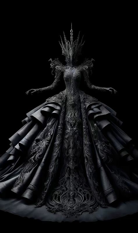 Black Dress Concept Art, Villain Gown, Black Fairytale Dress, Dark Fantasy Gown, Goth Ball Gown, Dark Queen Dress, Black Fantasy Dress, Villain Dresses, Goth Wedding Dresses