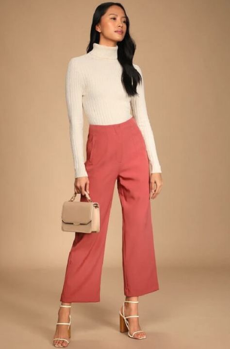 Get inspired with cute spring outfits perfect for any occasion. From jumpsuits to midi skirts, update your wardrobe with fresh ideas. Mauve Wide Leg Pants Outfit, Coral Outfit Ideas, Colorful Work Outfits, Office Trousers Women, Colorful Business Casual, Mission Fits, Headshots Ideas, Business Fits, Business Casual Skirt