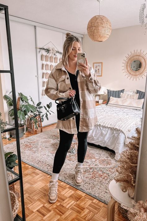 winter outfit mirror selfie Sorel Boots Outfit, Beige Shacket, Casual Winter Style, Plaid Outfits Fall, Long Shacket, Shacket Outfit, Casual Winter Outfit, Plaid Shacket, Beige Plaid