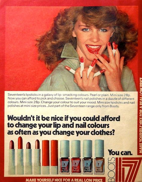 Boots 17 Nail Polish & Lipstick Ad, 1980's 80s Nail Polish, Nail Polish Ads, Seventeen Makeup, 1980s Theme, 90s Ads, 80s Nails, 1980s Makeup, Boots Chemist, Teenage Memories