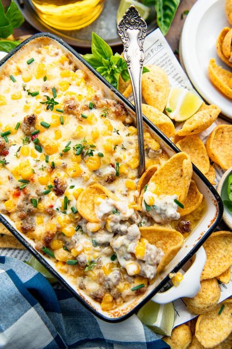 Just in time for football tailgates, watch parties, and holiday gatherings, this hot, cheesy, and easy 4-ingredient sausage dip with corn is the perfect appetizer! Sausage Corn Dip, Ground Sausage Appetizers, Sausage App, Dip With Corn, Corn And Sausage, Spicy Sausage Dip, Sausage Appetizer Recipes, Cheesy Sausage Dip, Sausage Dip Recipe