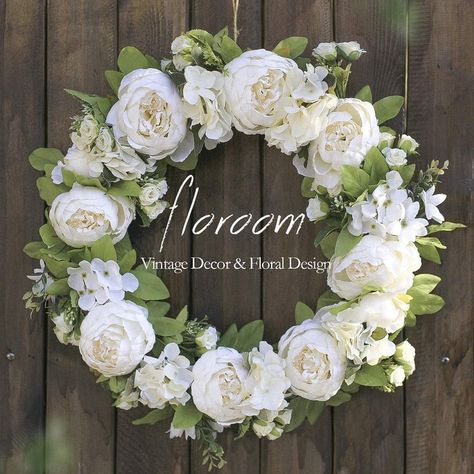 Floroom Floral Wreath, Door Wreath, 20'' Artificial White Peony Hydrangea Wreath for Front Door, Wedding Decorations Wall Decor Door Wedding Decorations, Wedding Decorations Wall, Cottage Wreath, Lavender Wreath, Hydrangeas Wedding, Magnolia Wreath, Pretty Wreath, White Wreath, Peonies Wreath