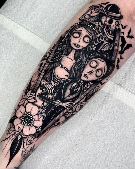 Movies Tattoo Ideas, Tim Burton Sleeve, Corpse Bride Tattoo, Bride Tattoo, Tim Burton Tattoo, Rolex Presidential, Side Thigh Tattoos, Couple Matching Tattoo, Feminine Tattoo Sleeves