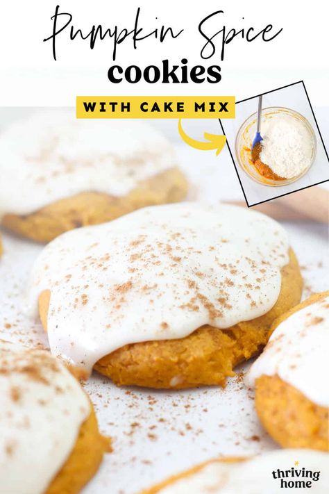 Pumpkin spice cake mix cookies are an easy fall treat bursting with warm spices and sweet pumpkin flavor. Whether made with boxed cake mix from the store or homemade Yellow Cake Mix, they come together quickly and are topped with a creamy vanilla icing for the perfect touch of sweetness. Ideal for cozy days or seasonal gatherings, they’re sure to be a favorite! Pumpkin Cookies With Spice Cake Mix Easy, Pumpkin Cookies With Cake Mix, Vanilla Cake Mix Cookies, Spice Cake Mix Cookies, Pumpkin Spice Cake Mix, Yellow Cake Mix Cookies, Pumpkin Cake Mix Cookies, Homemade Yellow Cake, Yellow Cake Mix Recipes