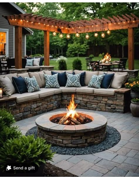 Outdoor Round Fire Pit, Fire Pit Corner Backyard, Stone Outdoor Fire Pit, French Barndominium, Backyard Patio Designs With Fire Pit, Fire Pit And Grill Area, Outdoor Fire Pit Decor, Fire Pits Backyard Ideas, Terraces Ideas